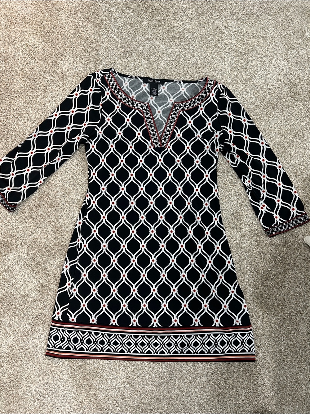 Black Geometric Print V-Neck Dress with Red Accents